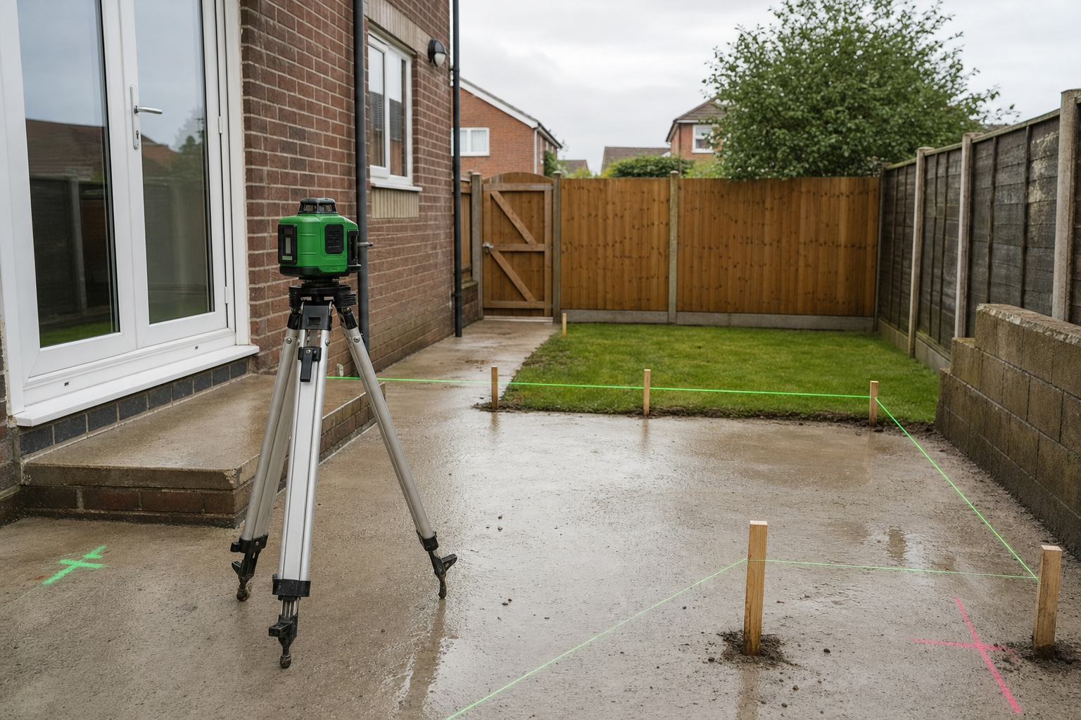 A green laser level tripod set up in a small fenced garden area with marked positions for construction.