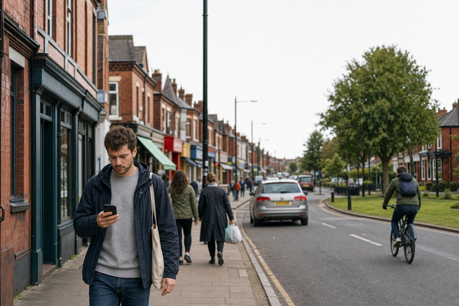Man walking down a busy street while looking at his phone, with shops and people lining the pavement.