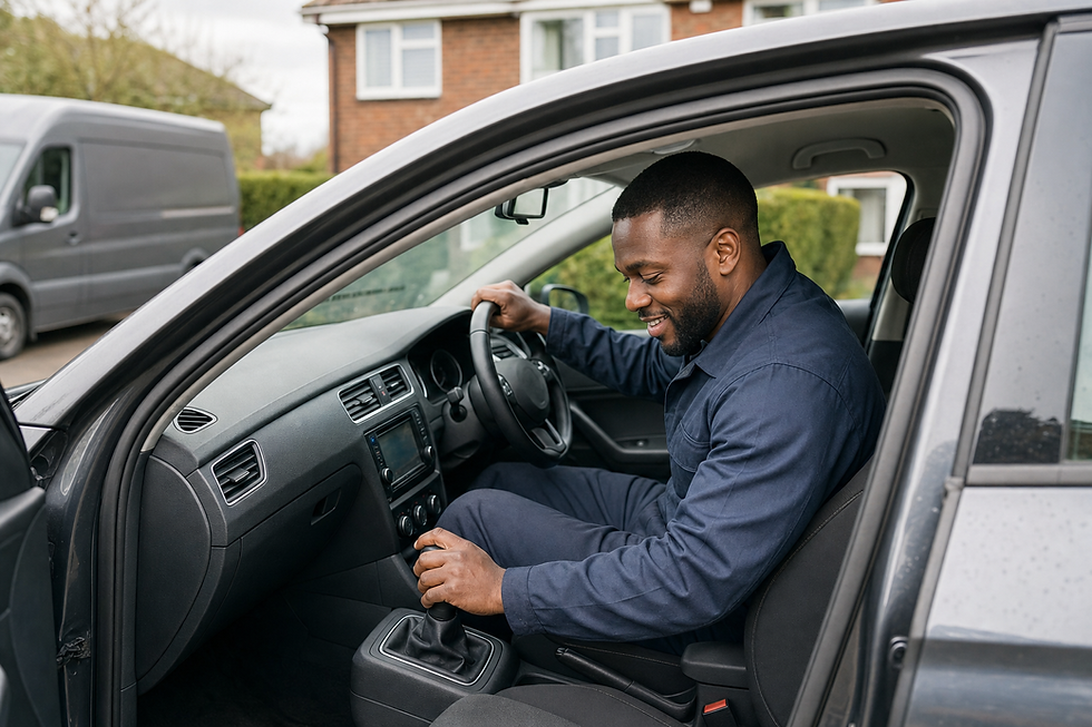 Man smiling while sitting in driver's seat of a parked car, shifting gears.