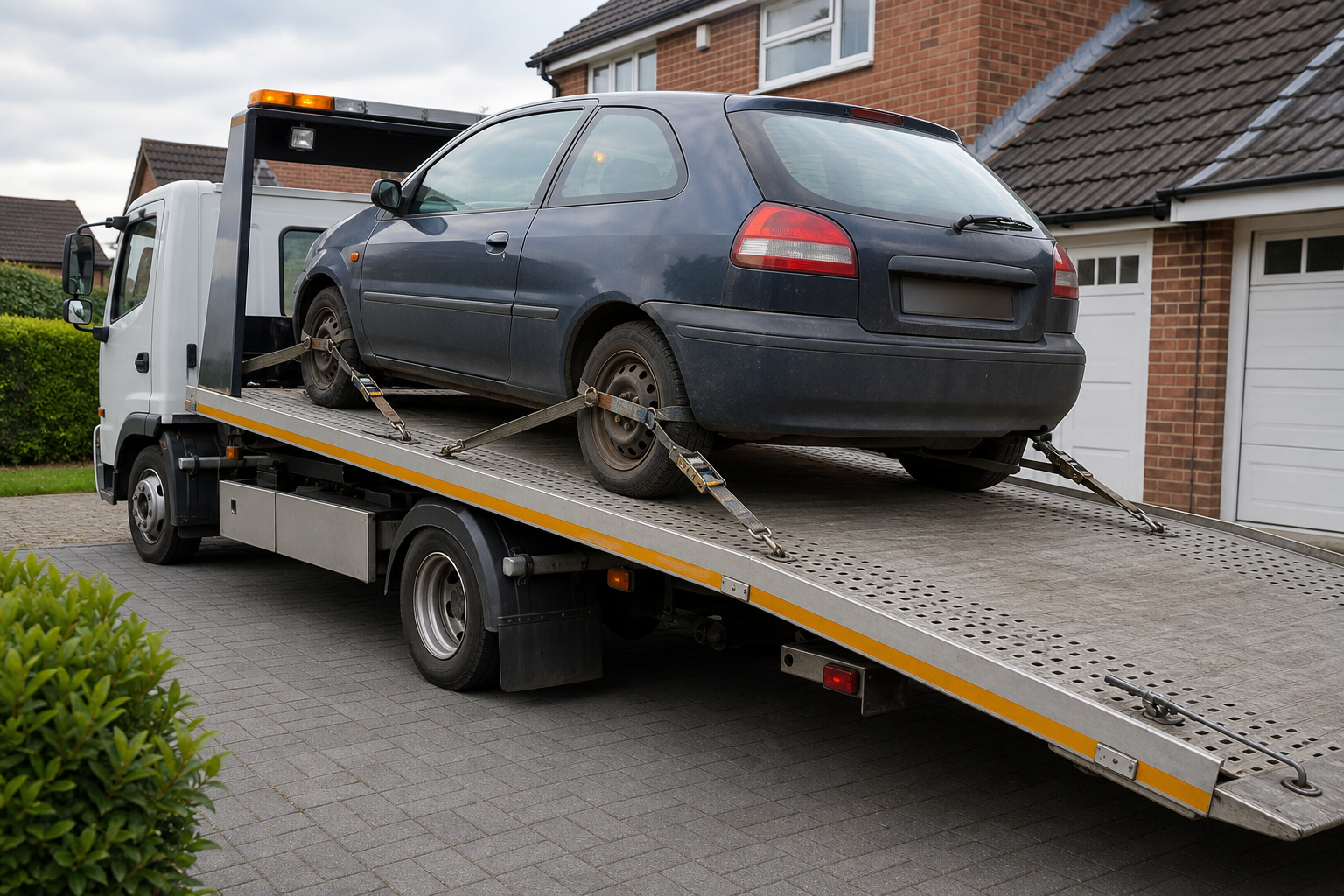 A blue car is securely strapped onto a tow truck in a residential area.
