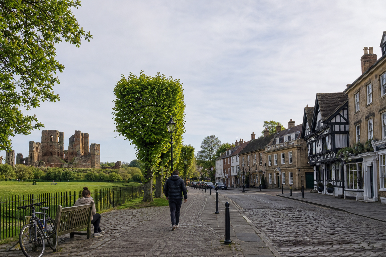 A person sits on a bench with a bicycle nearby, facing a castle ruin across a green field, beside a row of quaint houses.