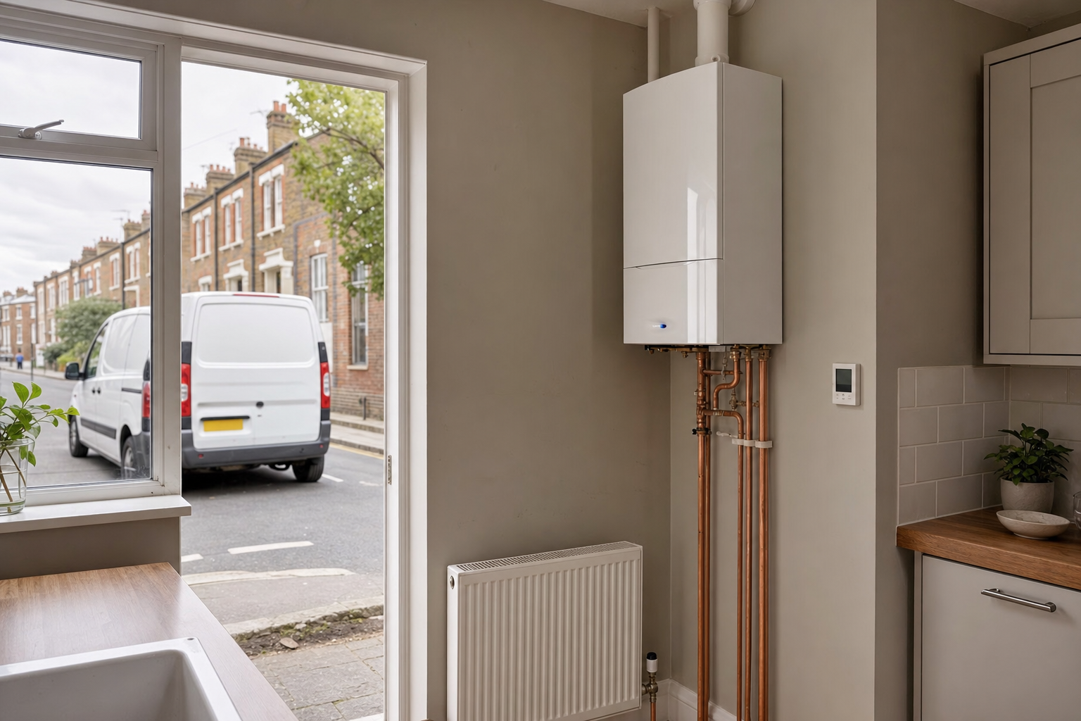 A modern kitchen with a wall-mounted boiler, copper pipes, and a view of the street through a large window.