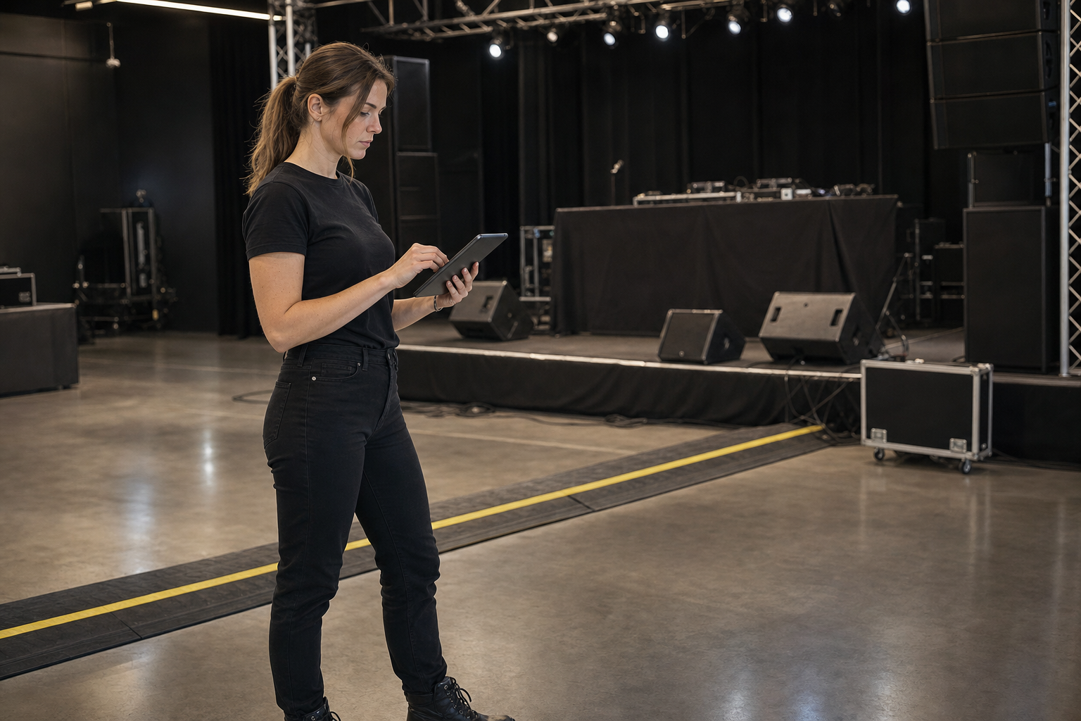 A woman in black clothing uses a tablet in an empty concert venue with sound equipment.