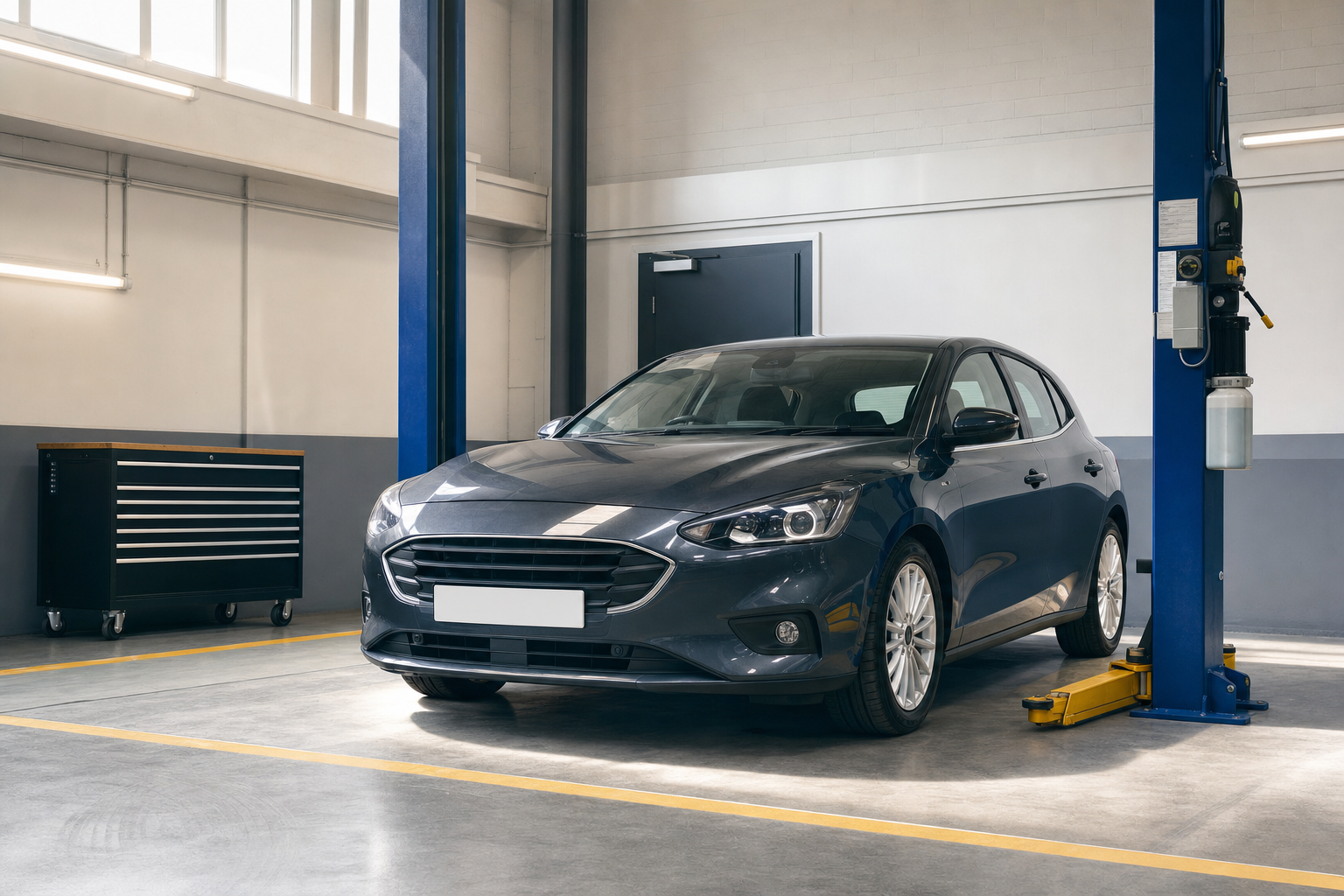 A blue car parked inside a well-lit garage workshop.
