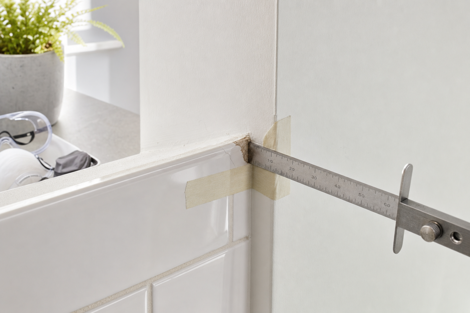 A metal ruler measures the depth of a chipped corner on a tiled surface, next to safety goggles and a potted plant.