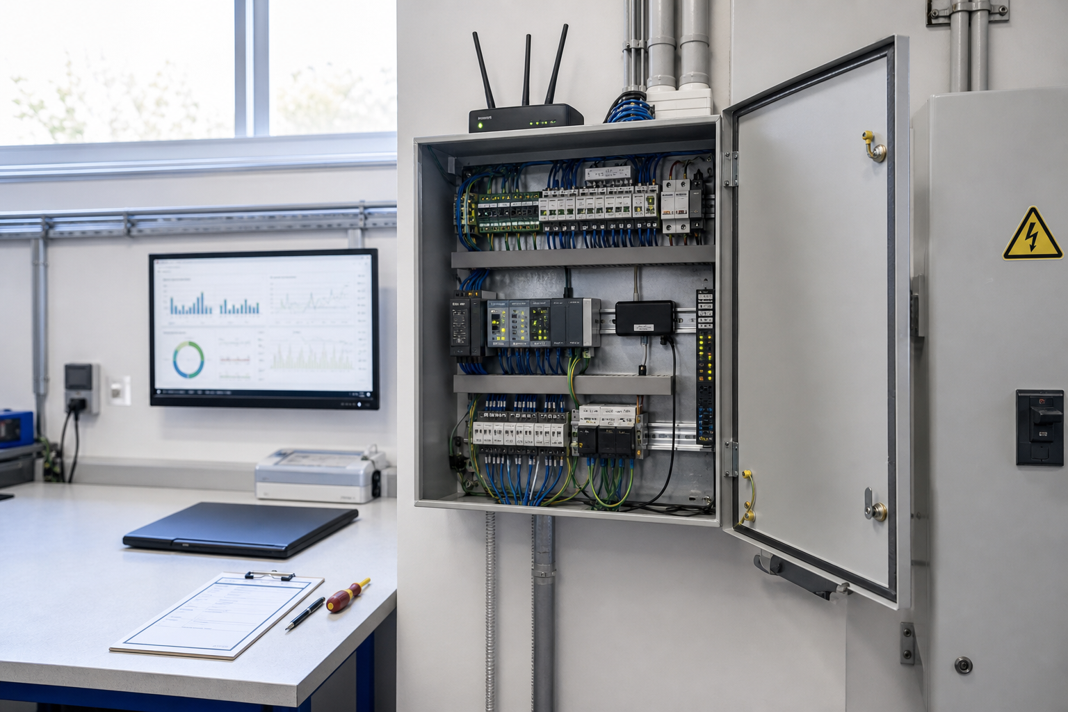 Open electrical cabinet in a lab with connected wires and a computer displaying graphs.