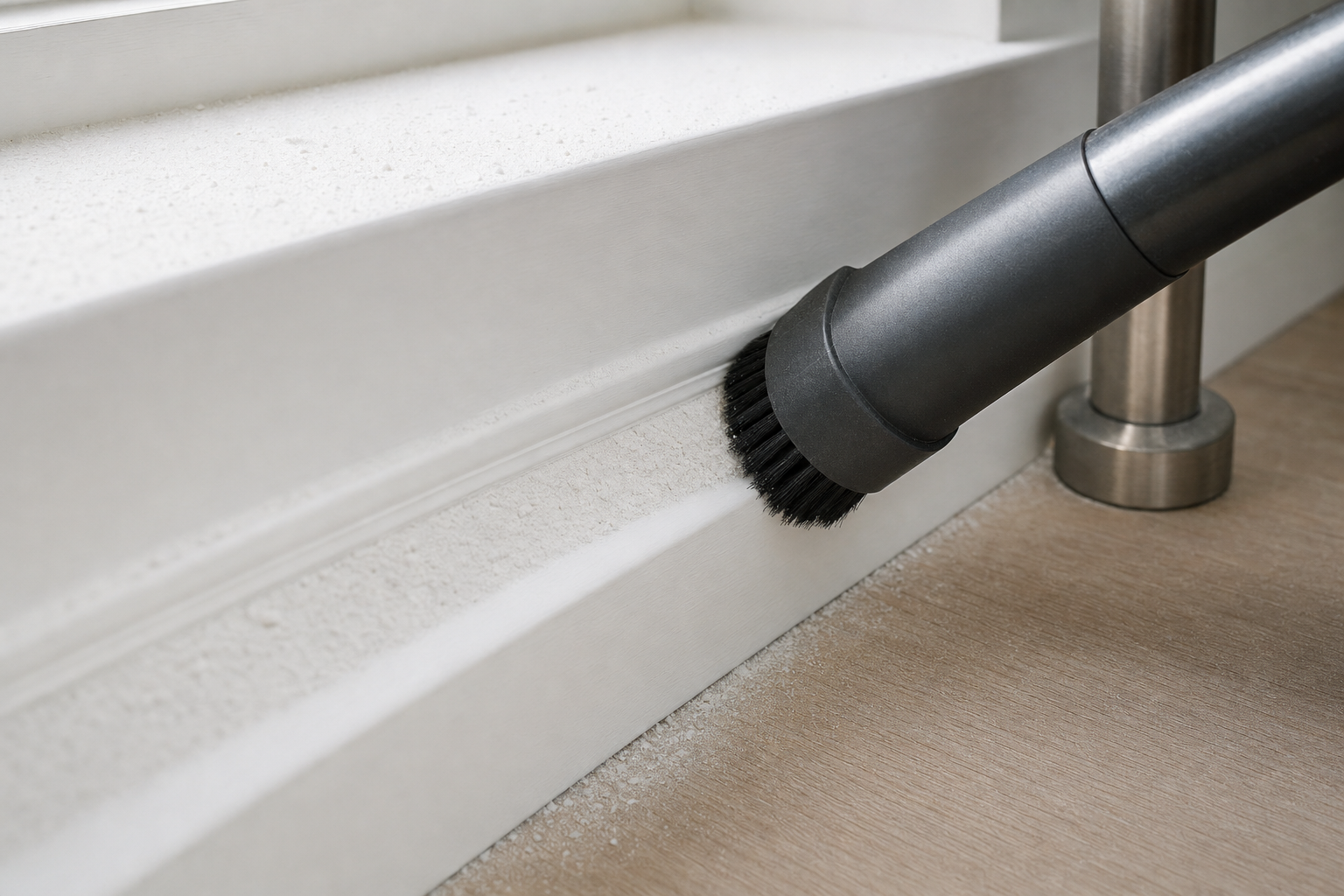 Vacuum cleaner with a brush attachment cleaning dust from a white skirting board.