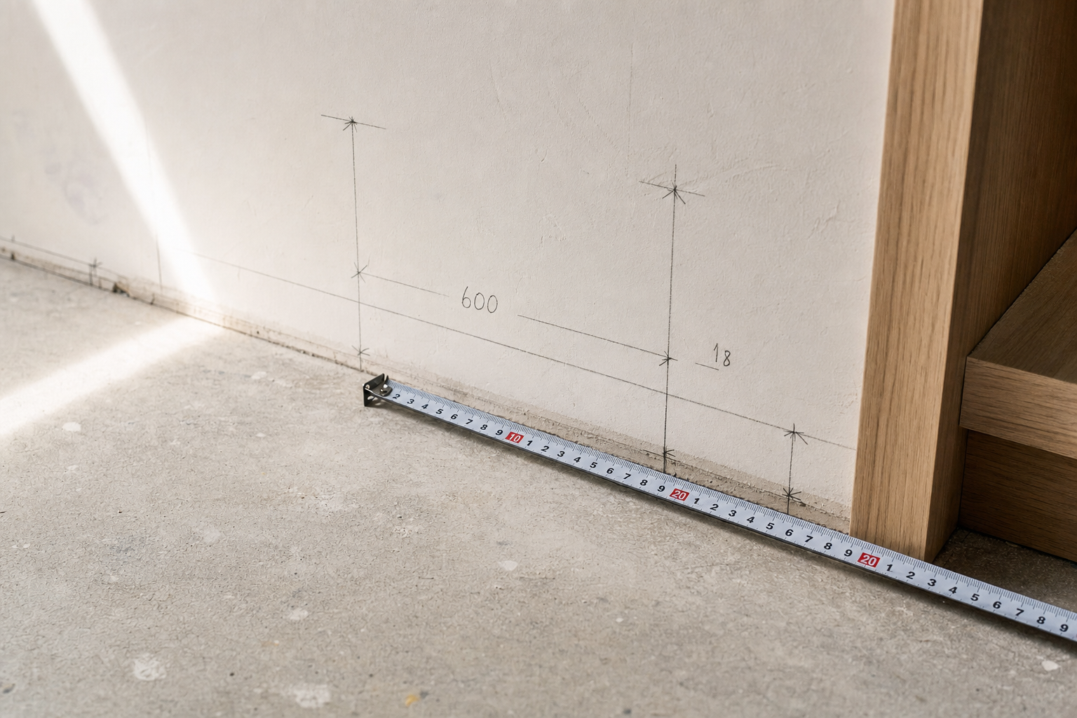 A tape measure lies on the floor against a wall with hand-drawn measurements for construction.