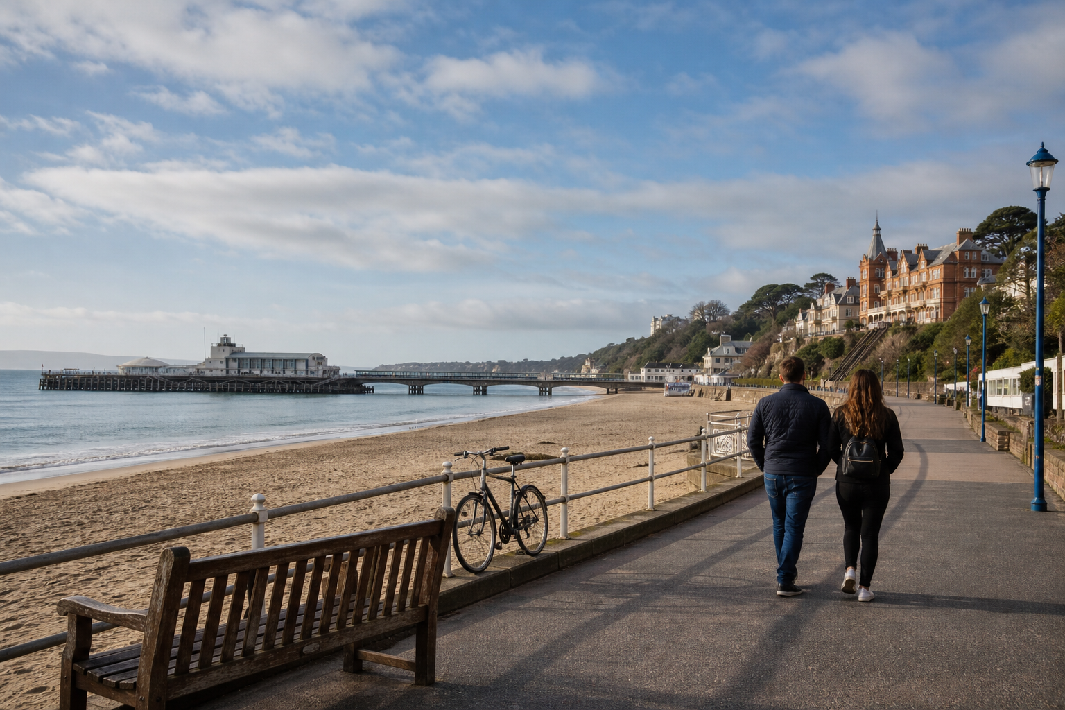 Couple walking along a beachfront promenade with a pier and seaside buildings in the distance.