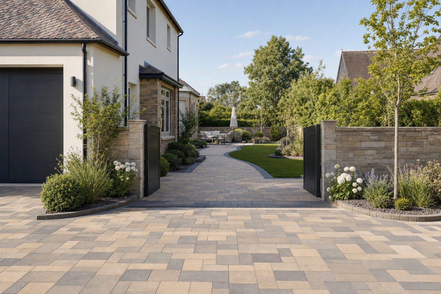 A modern driveway leads to a landscaped garden with a pathway, outdoor seating, and lush greenery.