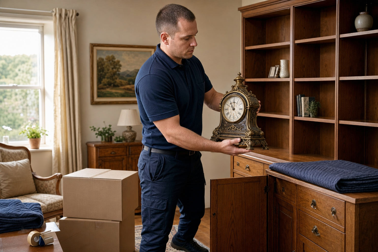 Man carefully placing an ornate antique clock onto a wooden cabinet in a room with packing boxes.