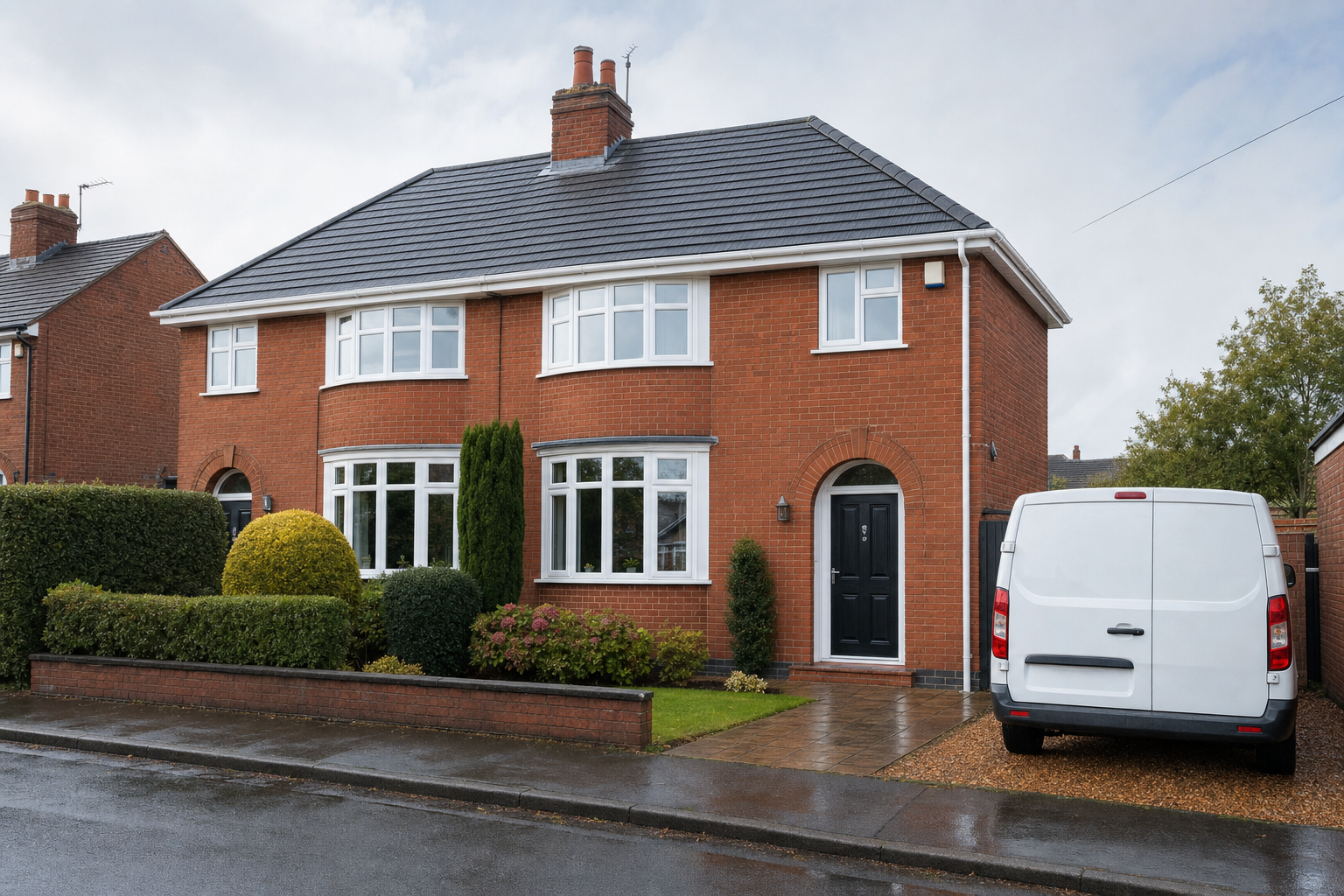 Red-brick semi-detached house with a white van parked in the driveway on a rainy day.