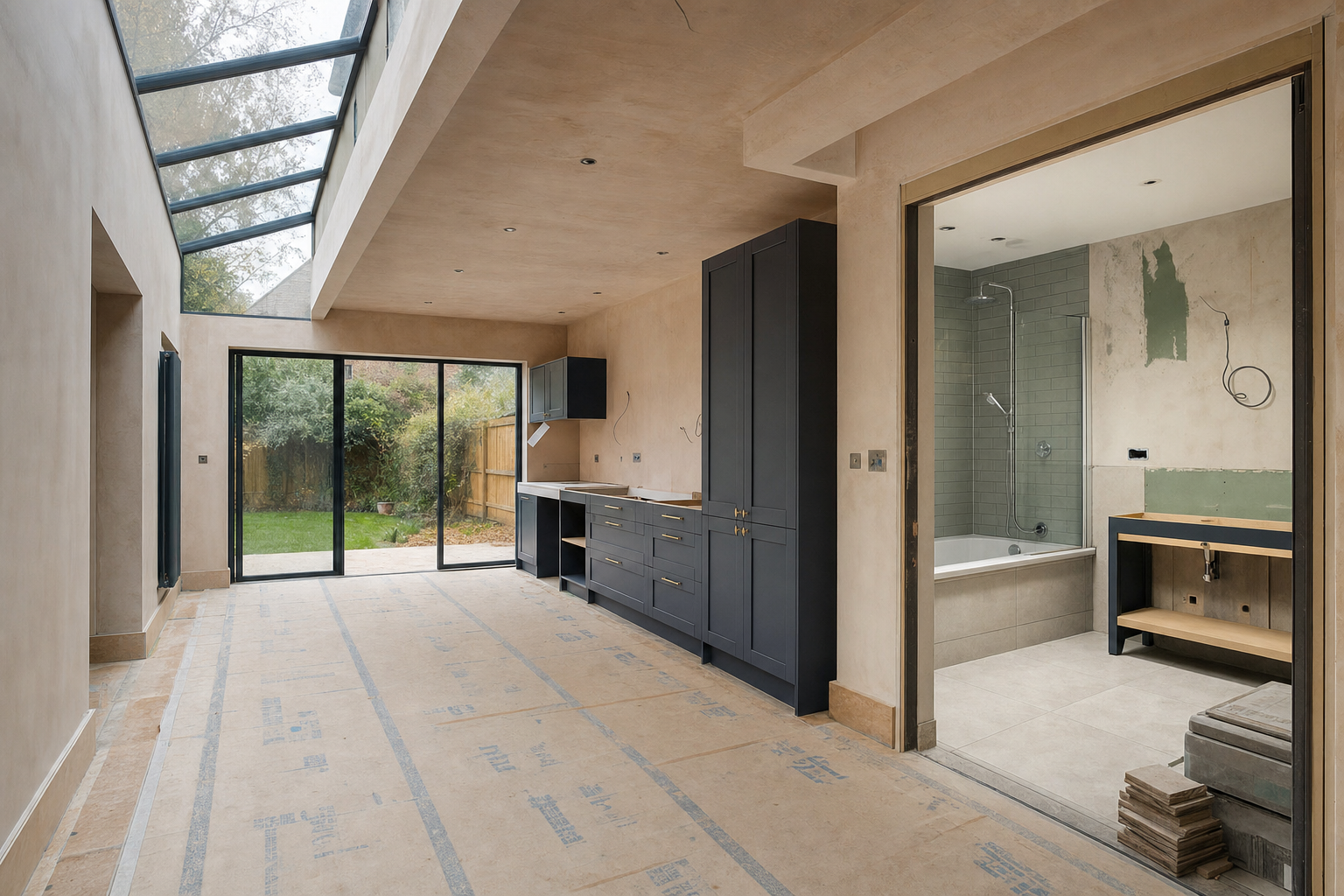 A bright kitchen under renovation with blue cabinets, a skylight, and a view of a partially completed bathroom.