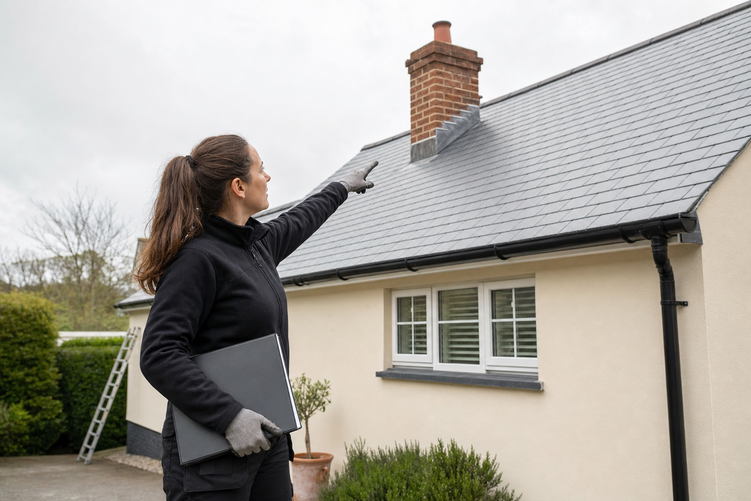 A woman holding a folder points at the chimney of a house during an inspection.