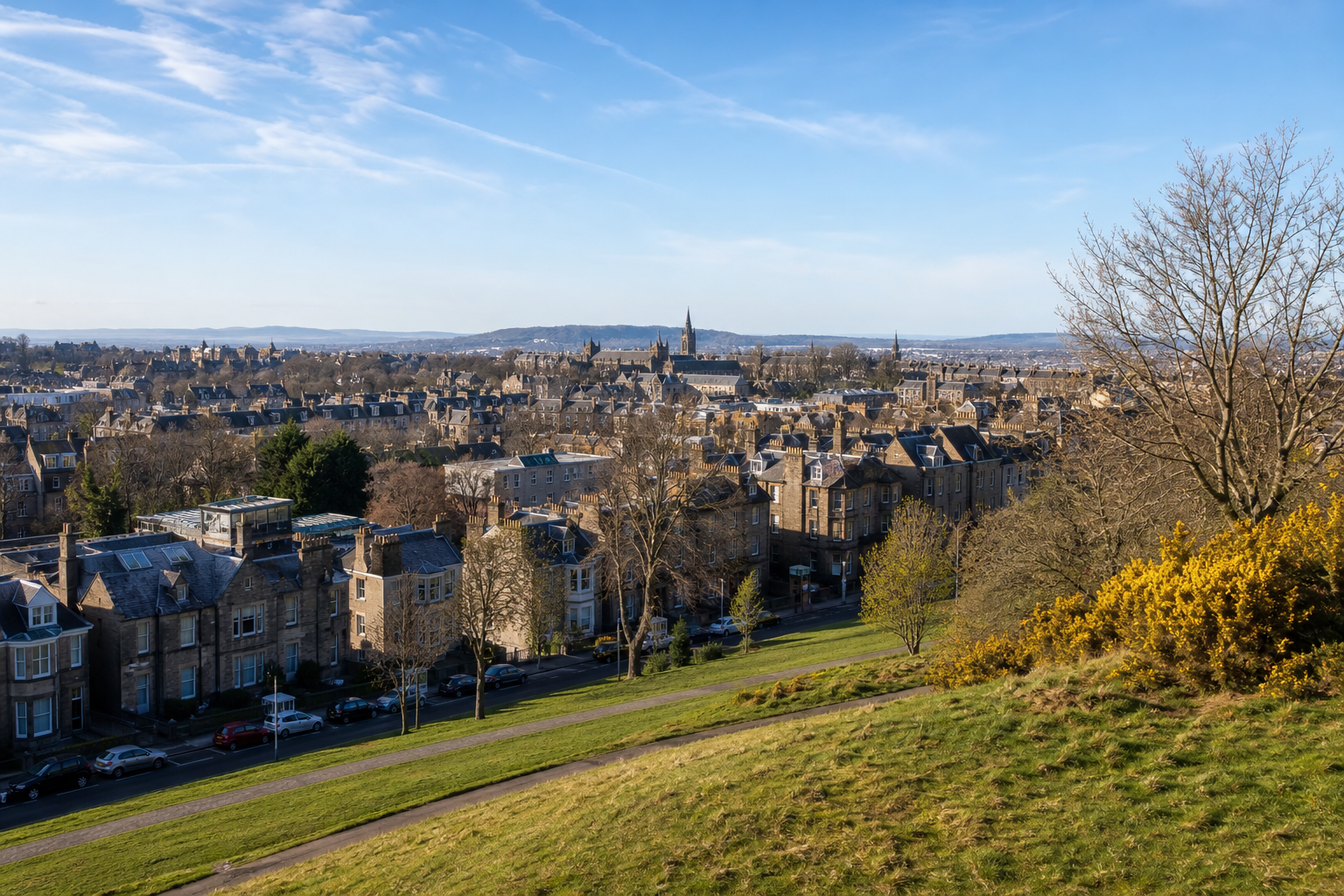 Scenic view of a historic town with stone buildings and a church spire under a clear blue sky.
