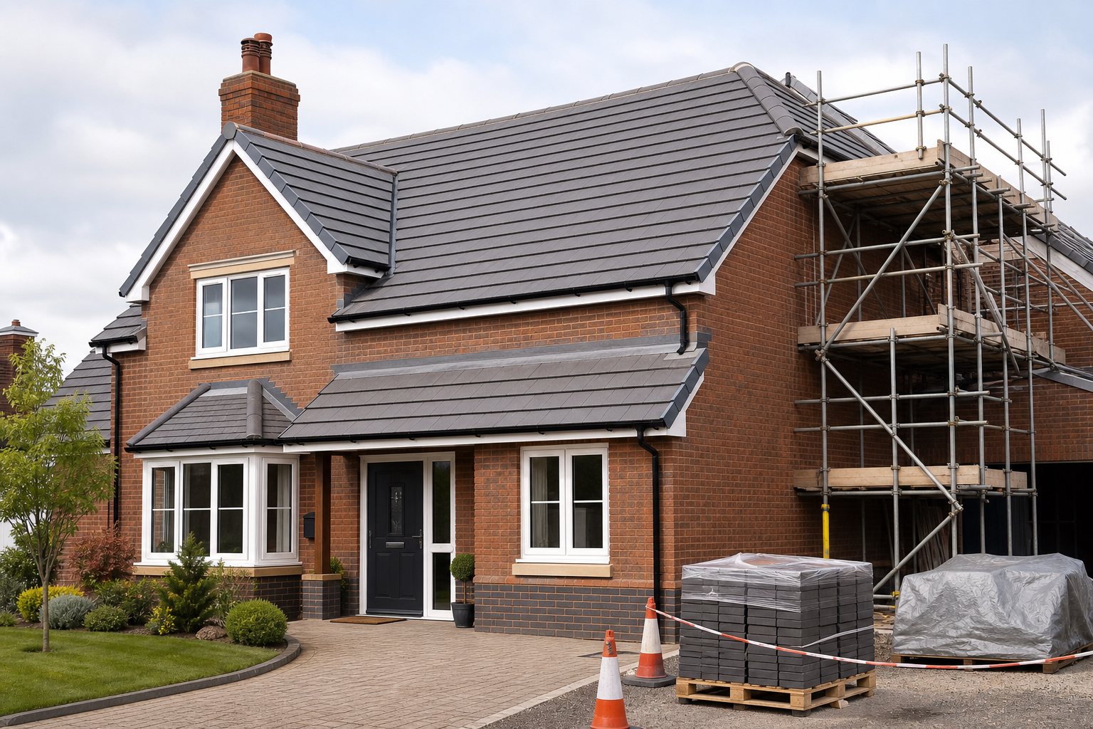 Brick house with scaffolding on one side and construction materials in the driveway.