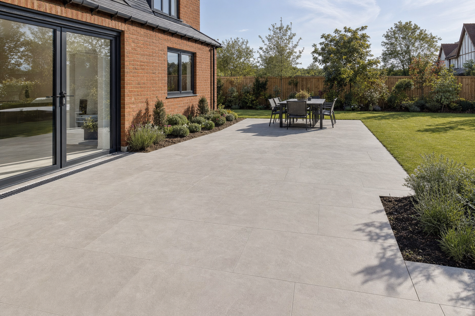 Modern patio with large grey tiles adjacent to a red brick house, featuring outdoor furniture and a landscaped garden.