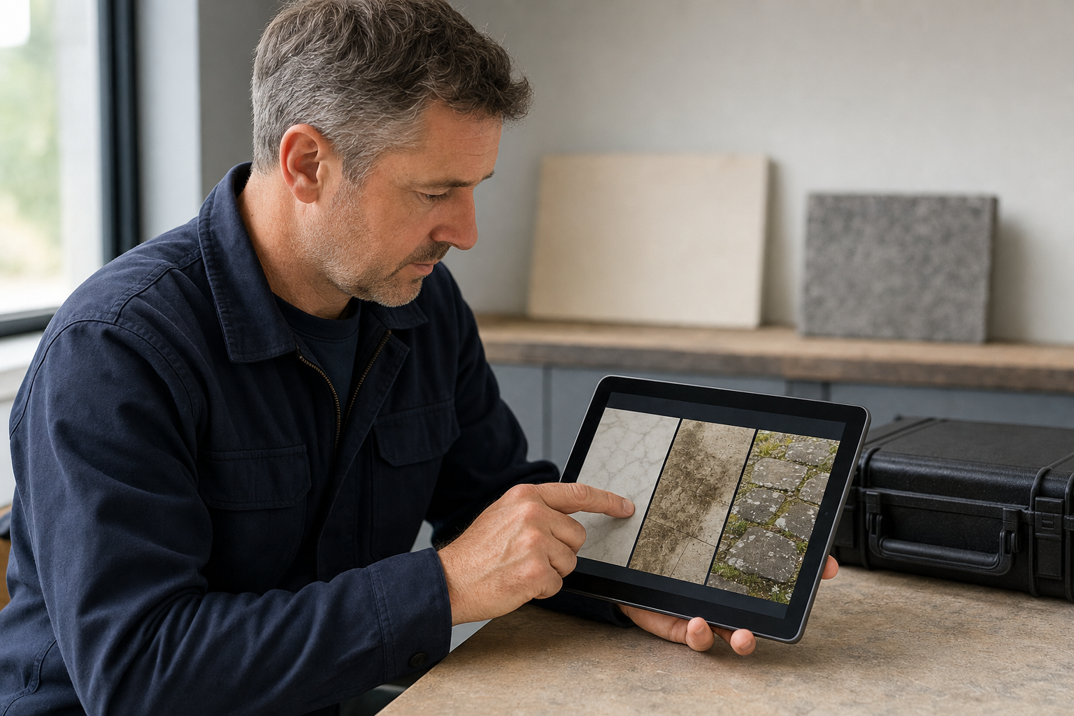 Man examining stone texture samples on a tablet screen in a workshop setting.