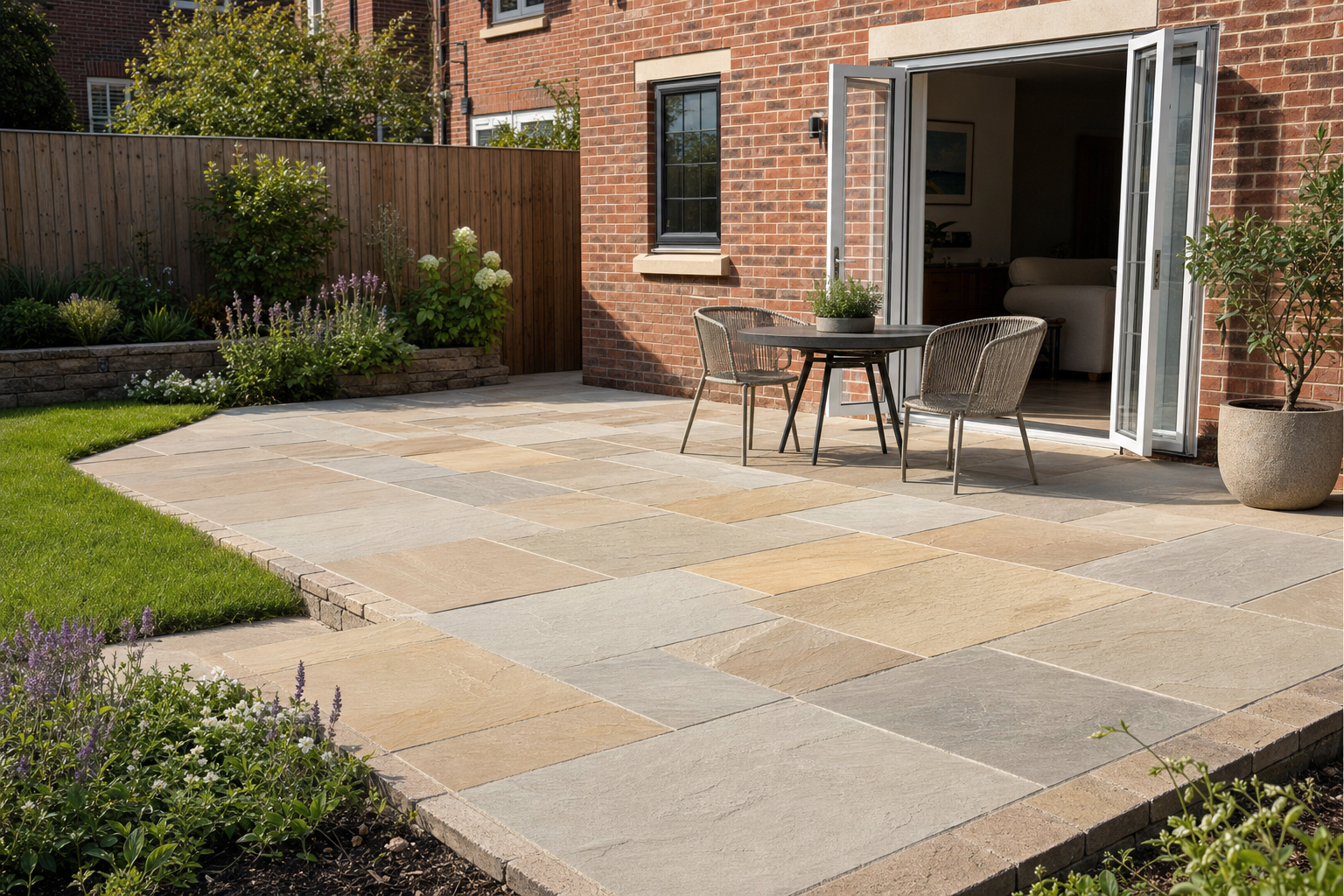 Sunny patio garden with potted plants, outdoor table and chairs, and bifold doors leading to a cosy interior.
