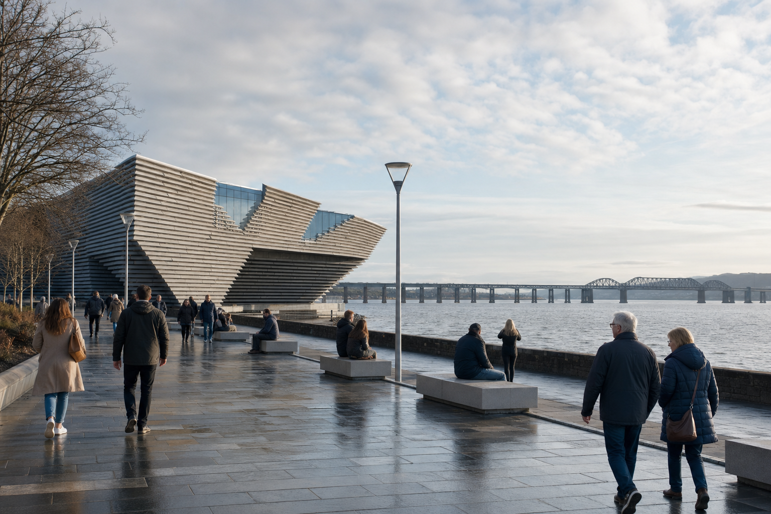 People walking by the V&A Dundee museum along the waterfront on a cloudy day.