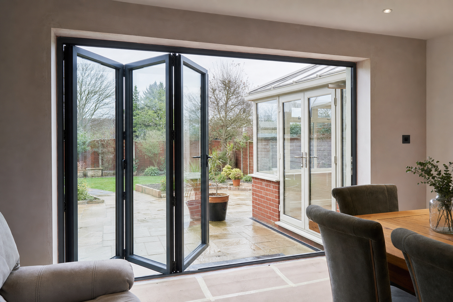 Open folding patio doors revealing a garden view, with a dining table and chairs inside.