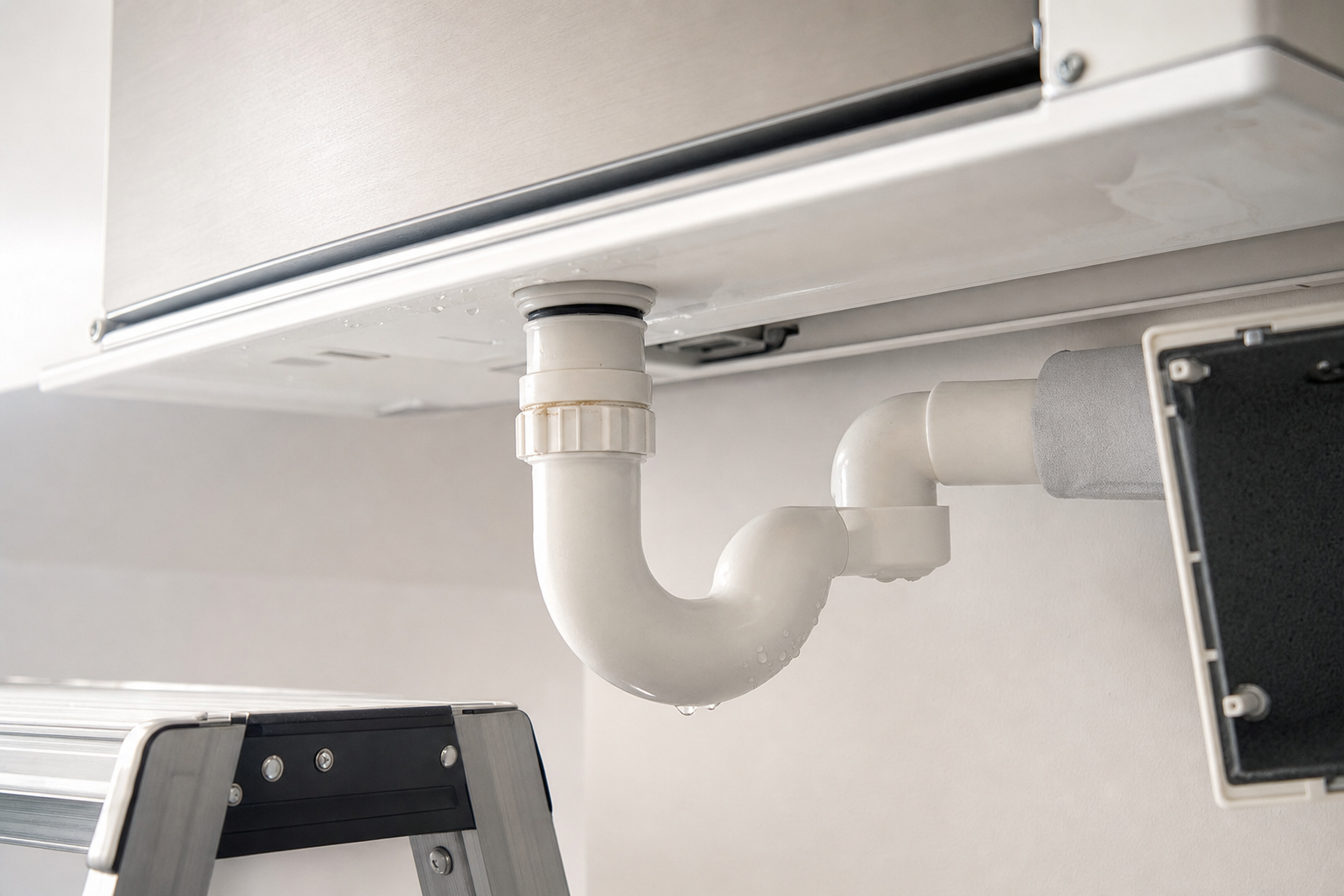 A modern white plumbing pipe with a couple of droplets, positioned above a metal step ladder.