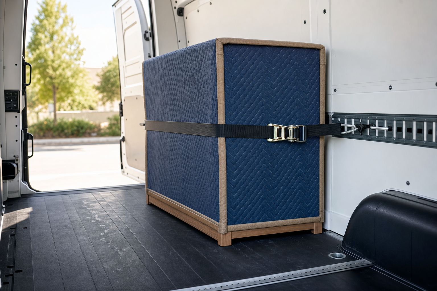 A large, padded box is securely strapped inside a van with its doors open to a sunny exterior.
