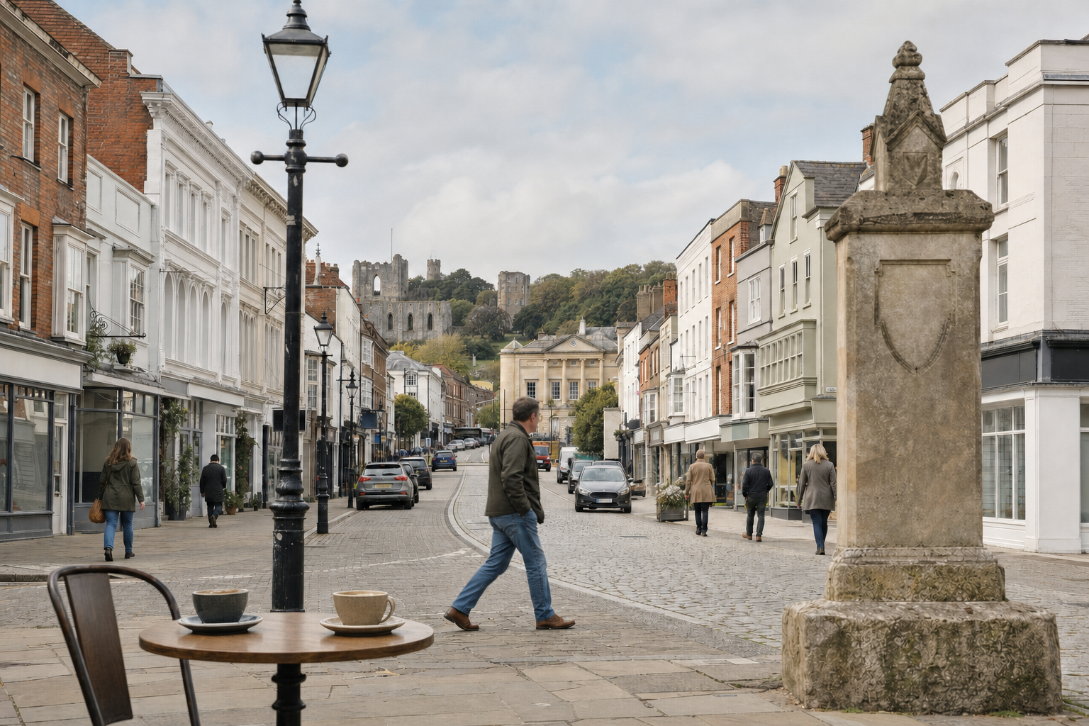 A bustling street scene with people walking, a medieval ruin in the background, and two coffee cups on a table in the foreground.