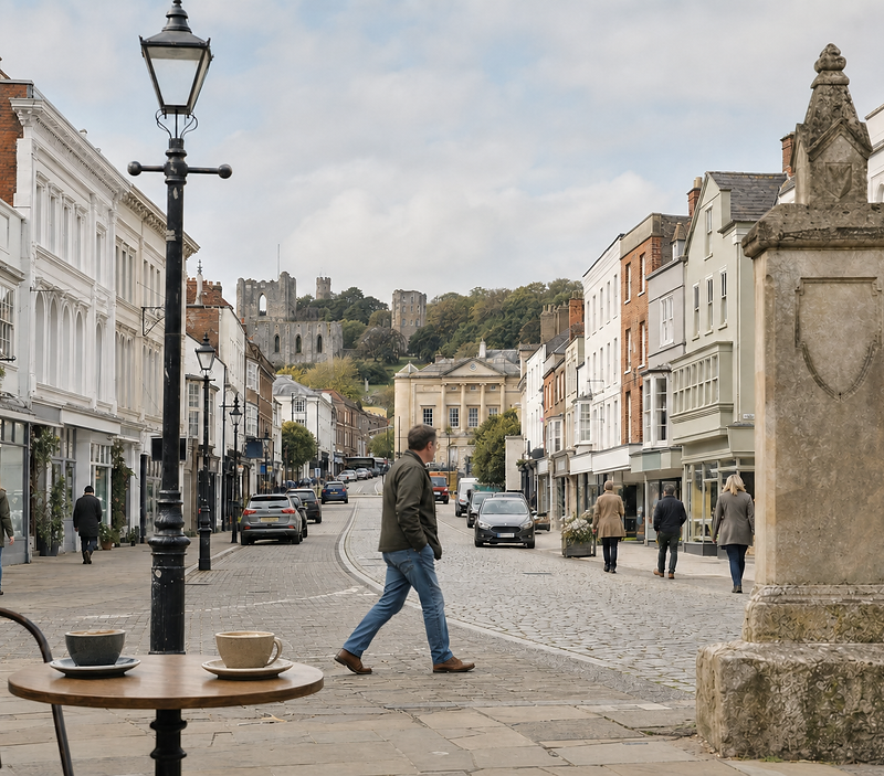 A bustling street scene with people walking, a medieval ruin in the background, and two coffee cups on a table in the foreground.