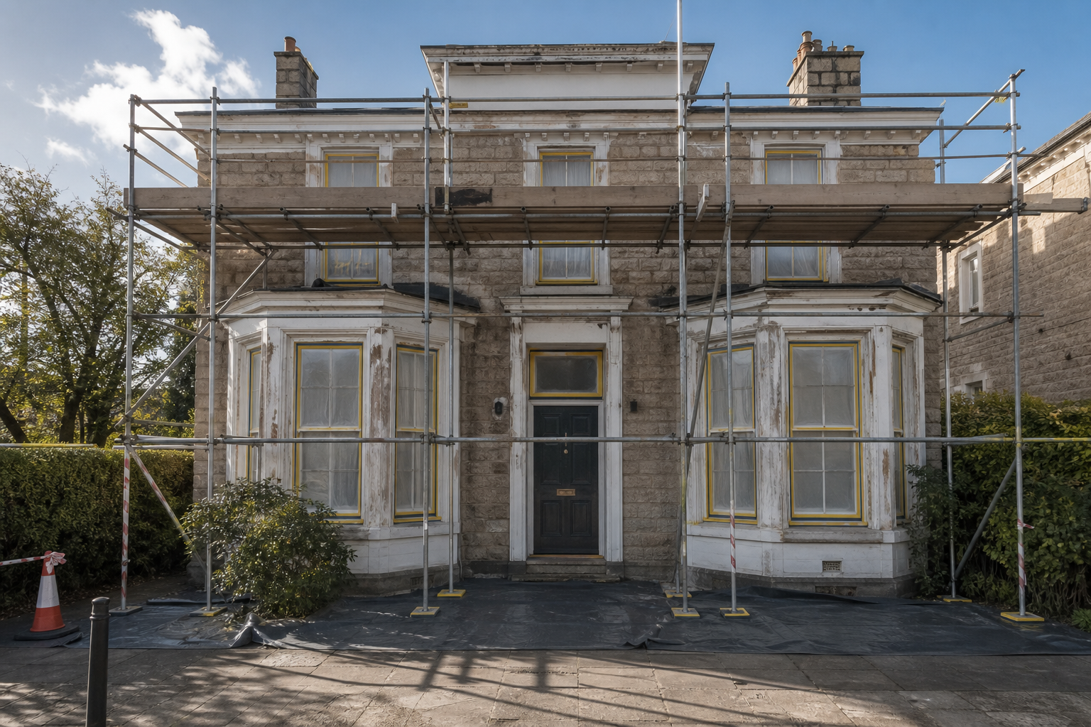 A stone house with scaffolding set up for renovations under a clear blue sky.