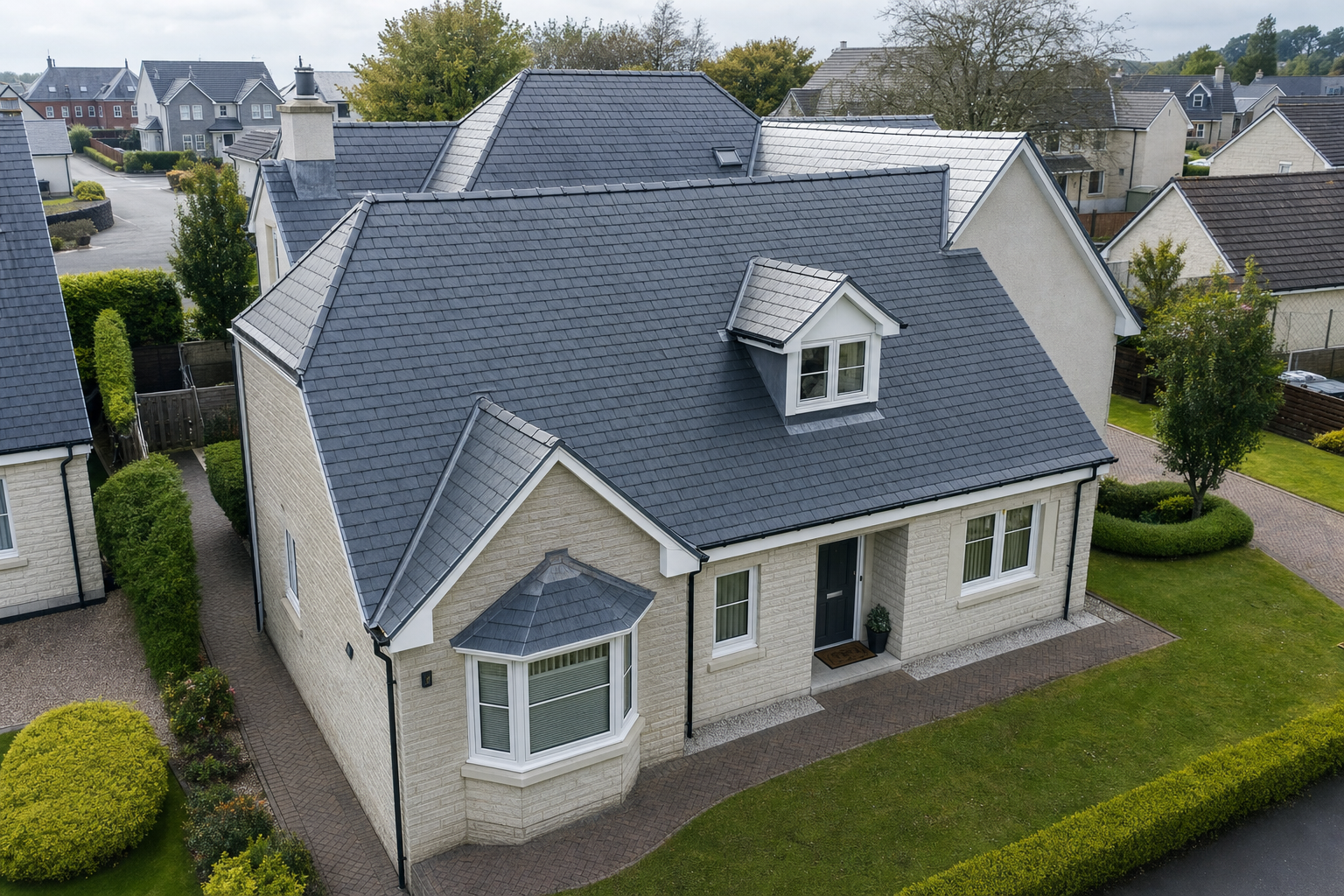 Aerial view of a modern house with a slate roof, situated in a suburban neighbourhood with neatly landscaped gardens.
