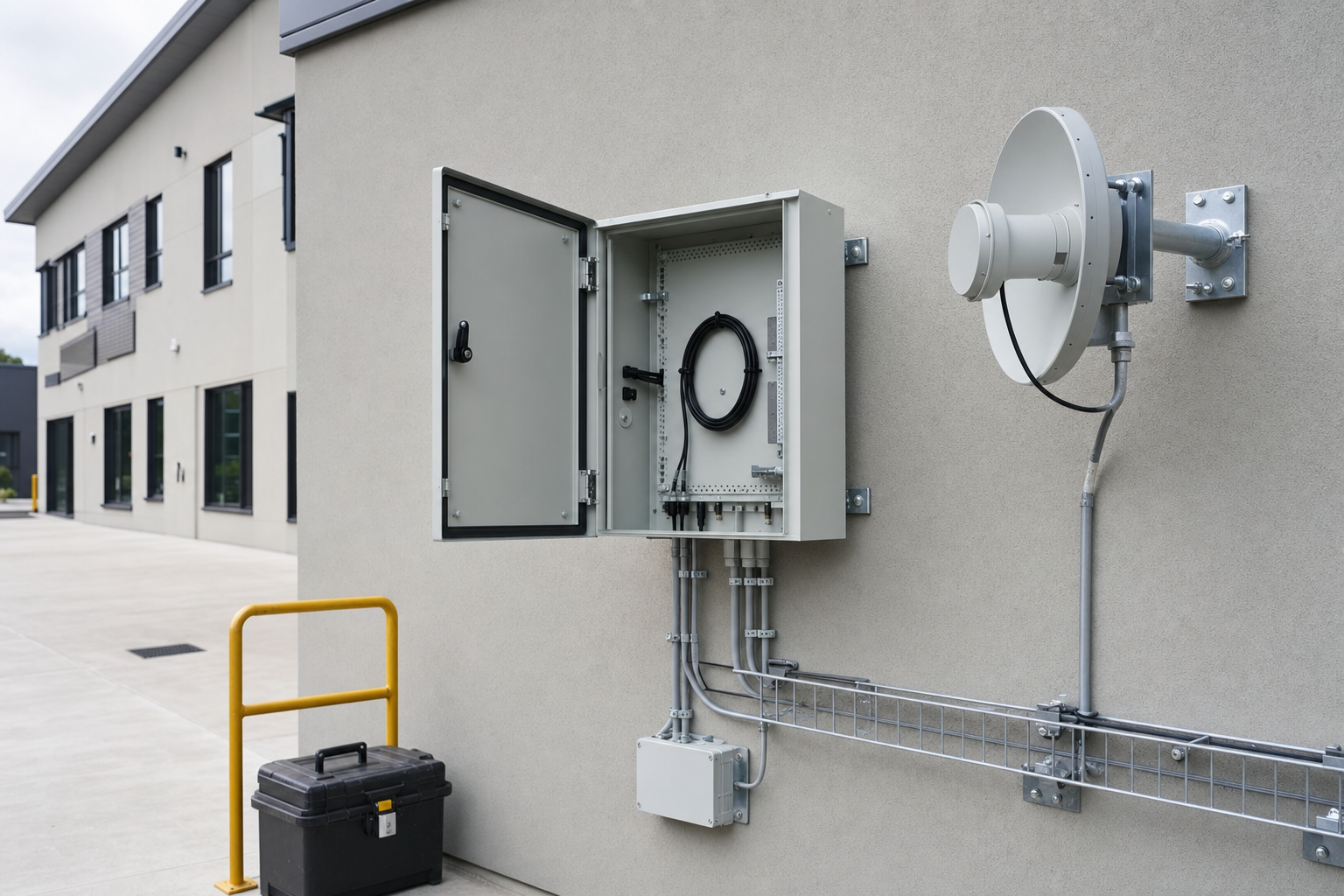 Open electrical cabinet with cables next to a satellite dish mounted on a building wall.