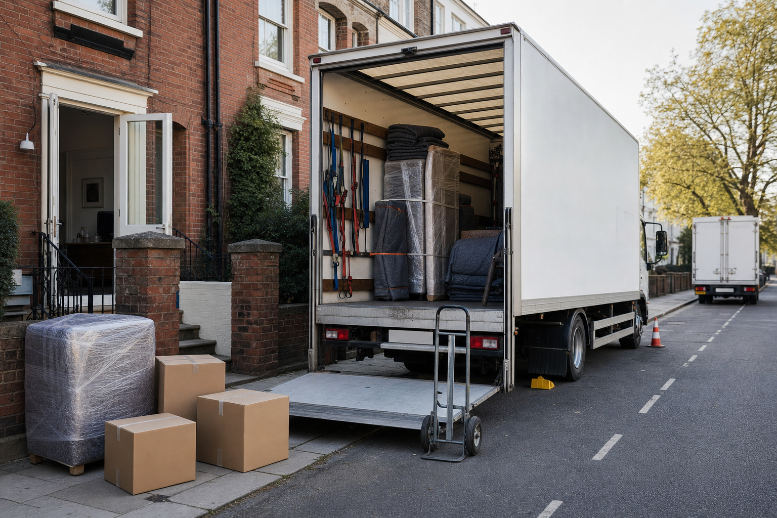 A removal van with an open back is being loaded with furniture and boxes outside a red-brick townhouse.