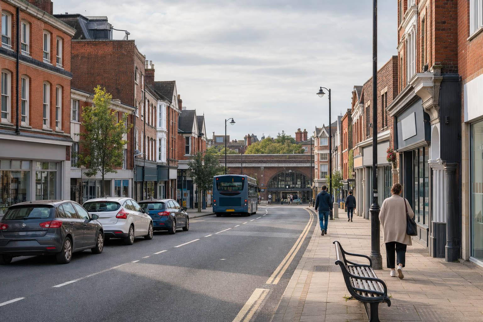 A city street lined with shops and parked cars, featuring a bus and people walking under a cloudy sky.