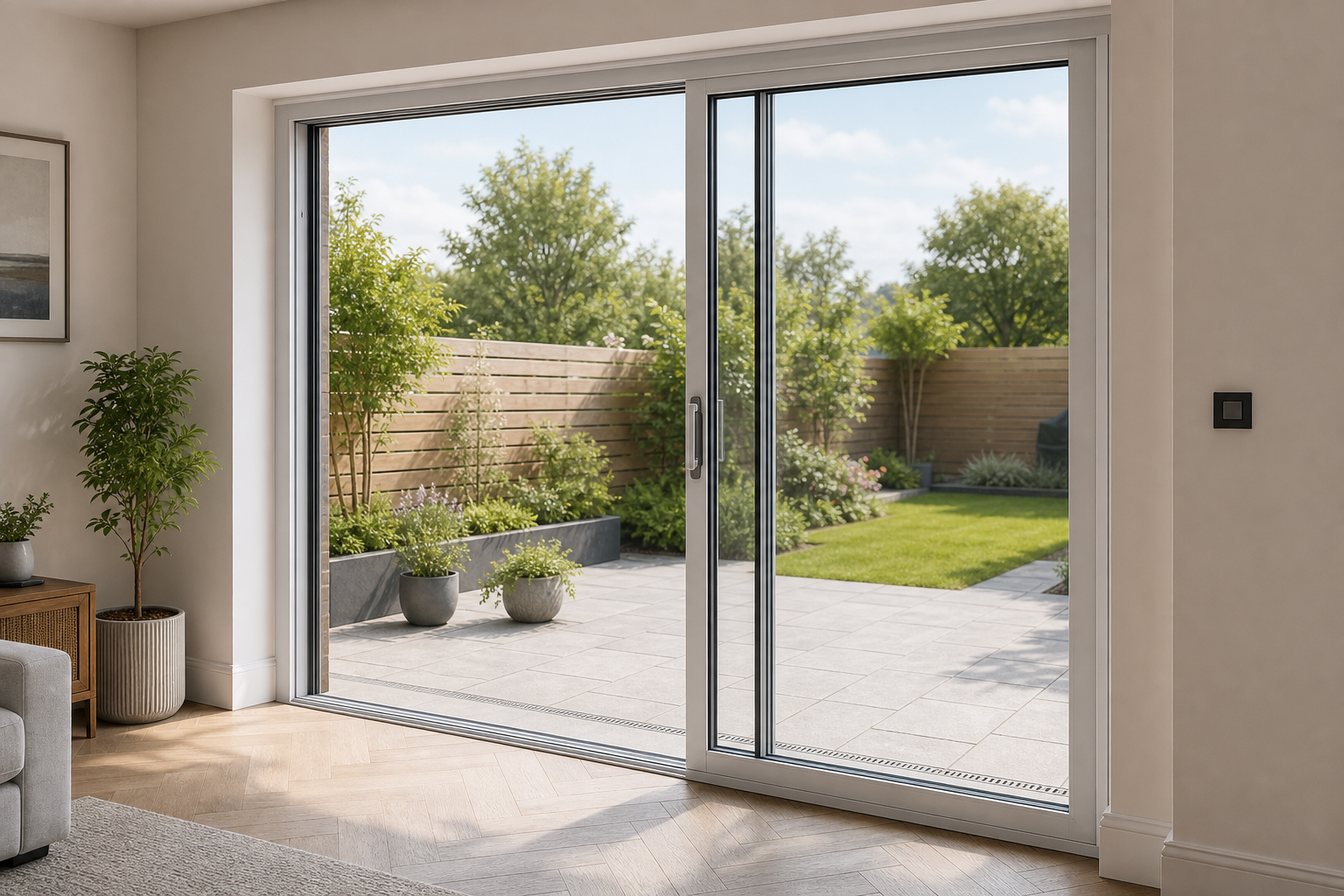 Sliding glass doors open to a landscaped backyard with green plants and a wooden fence.