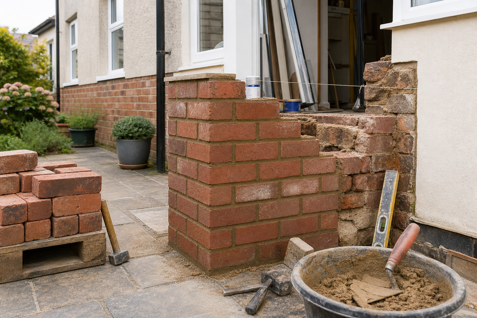 Bricklaying project in progress with tools and materials on a patio.