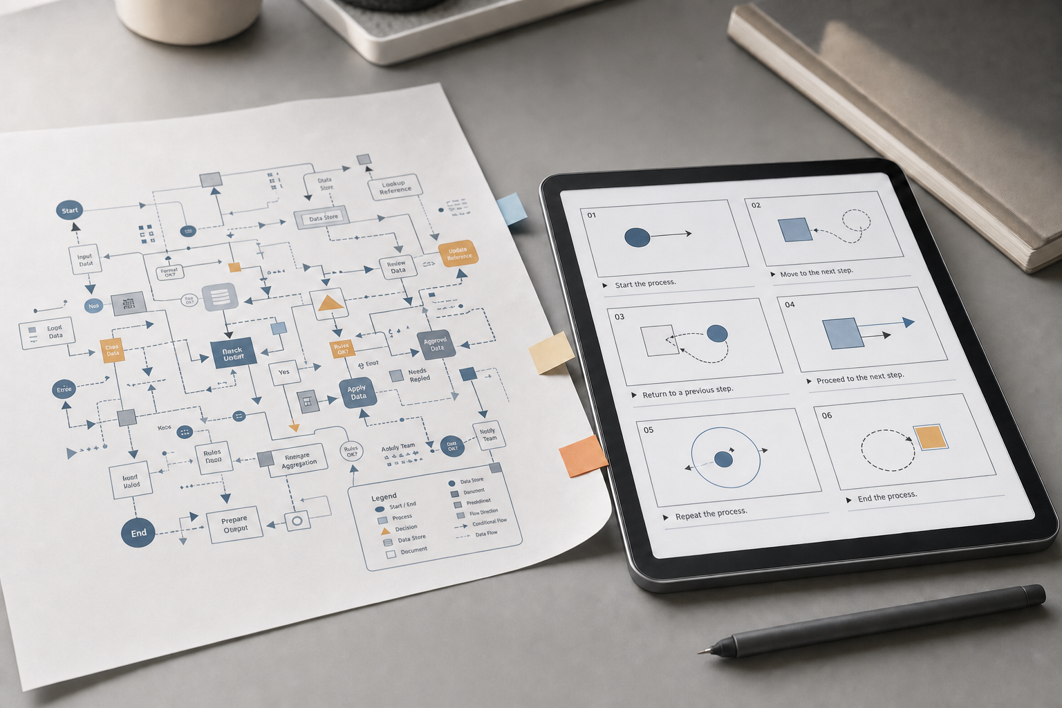 Tablet and paper with flowcharts on a desk, alongside a pen and notebooks.