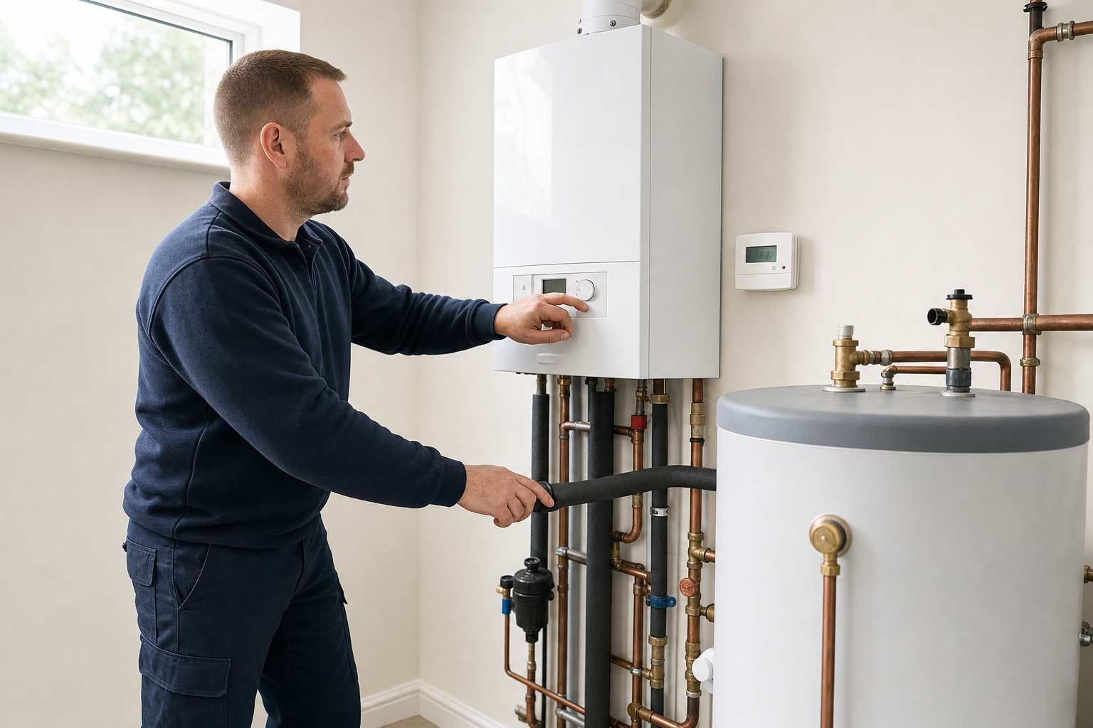Engineer adjusting a domestic boiler system in a utility room.