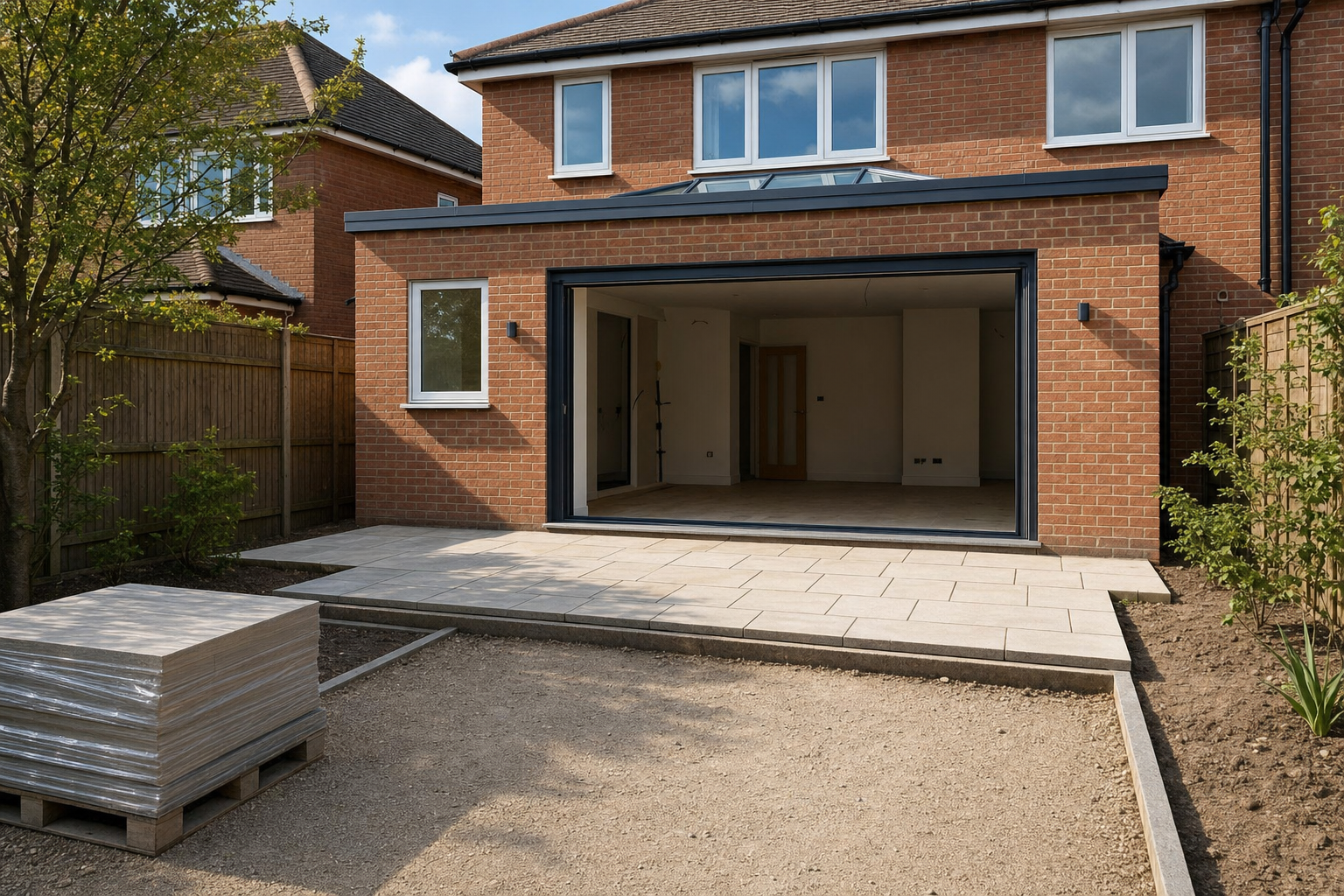 A brick house with an open sliding door and a partially constructed patio area.