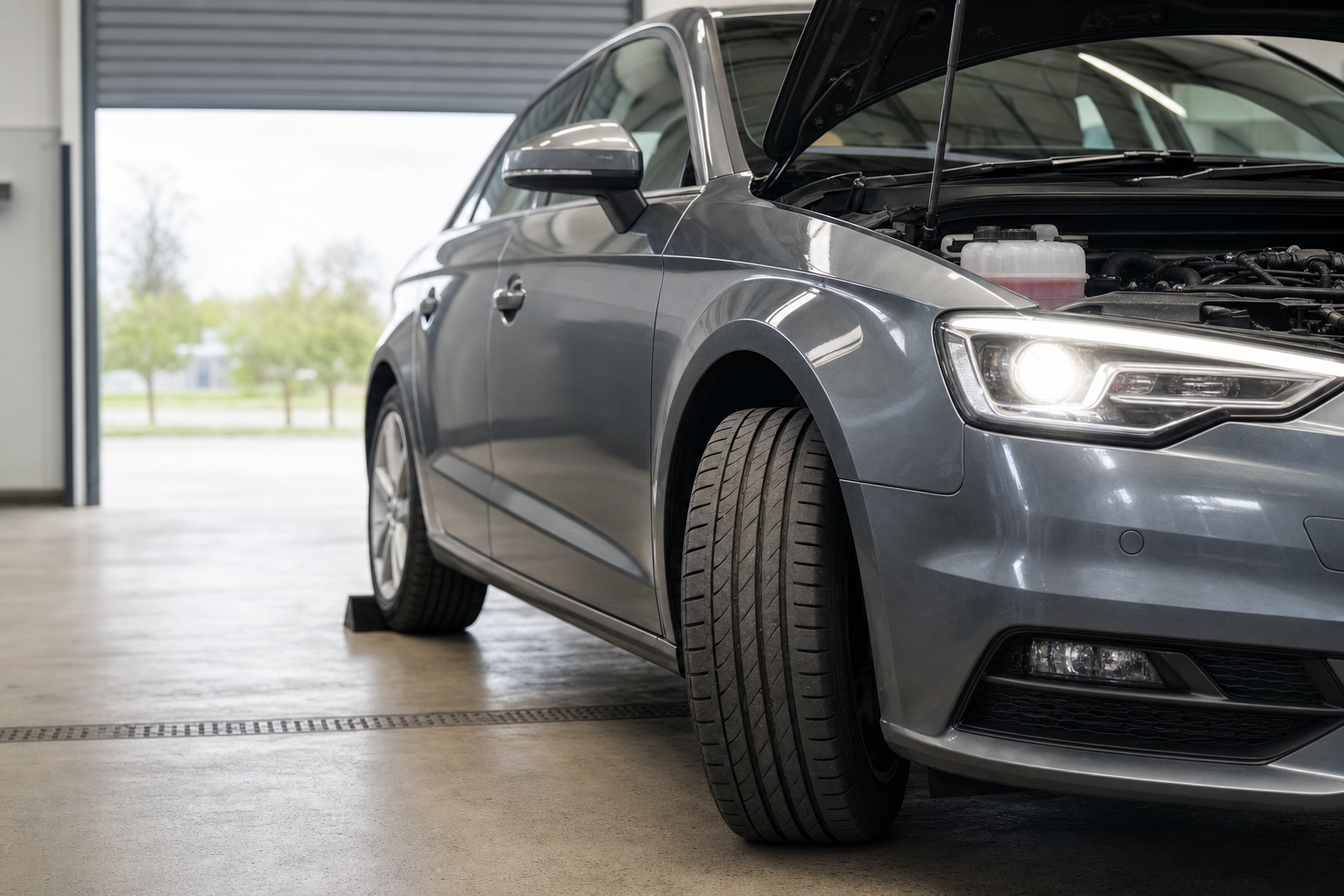 A grey car with its bonnet open is parked in a garage with one headlight on.