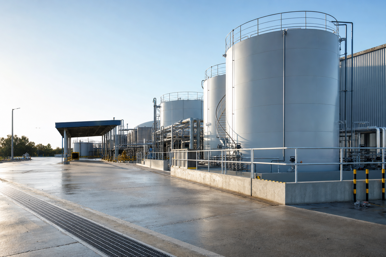 Industrial storage tanks with surrounding metal structures in a manufacturing facility under a clear blue sky.