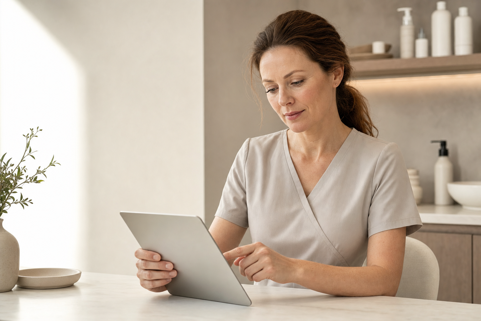Woman in a beige uniform using a tablet in a modern, minimalistic kitchen setting.