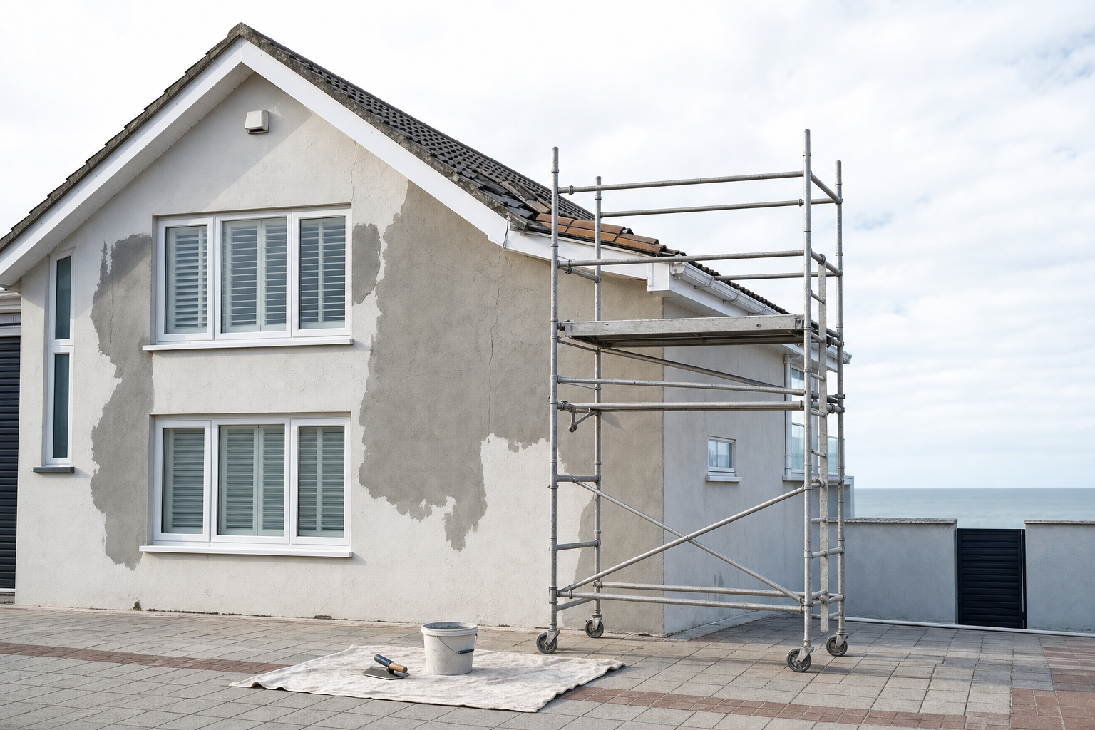 House exterior undergoing renovation with scaffolding and painting materials nearby.