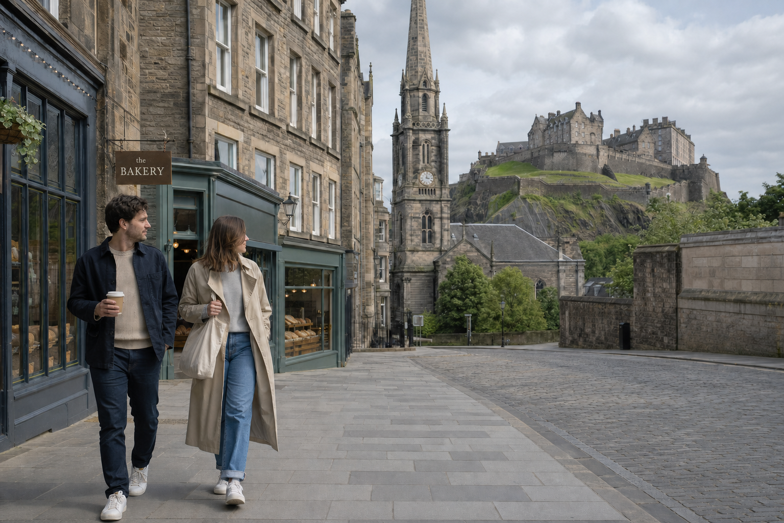 Two people walking near a bakery with Edinburgh Castle visible in the background.