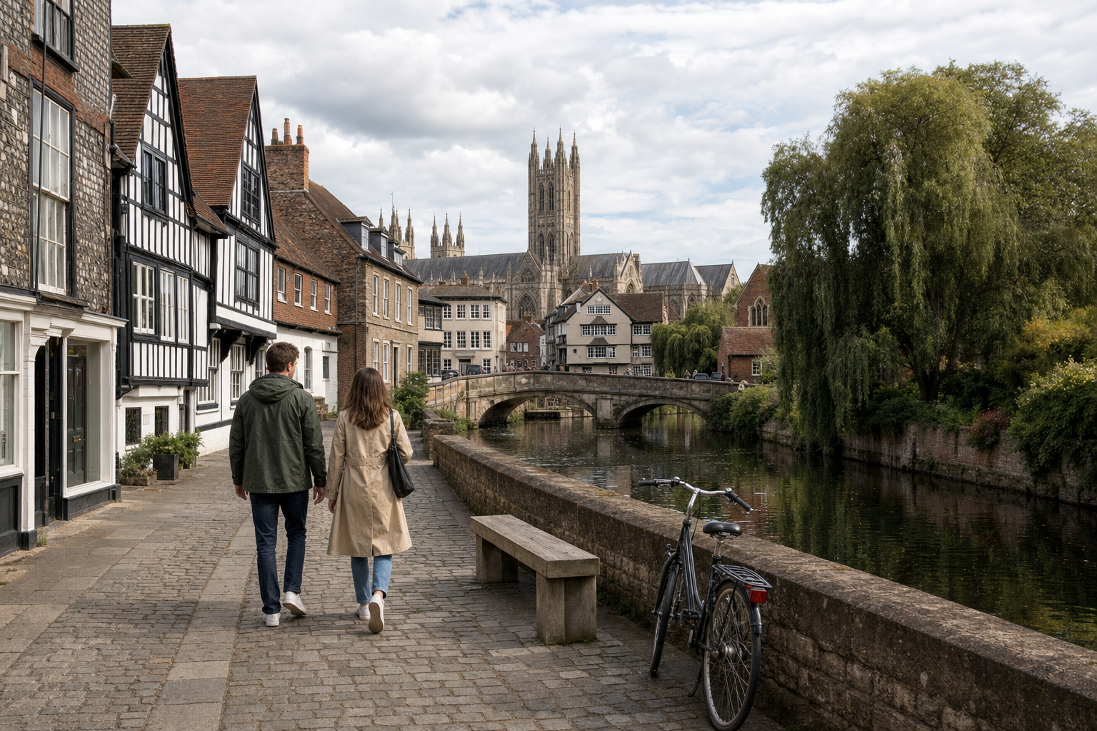 A couple walks along a cobblestone path by a canal, with historic buildings and a cathedral in the background.