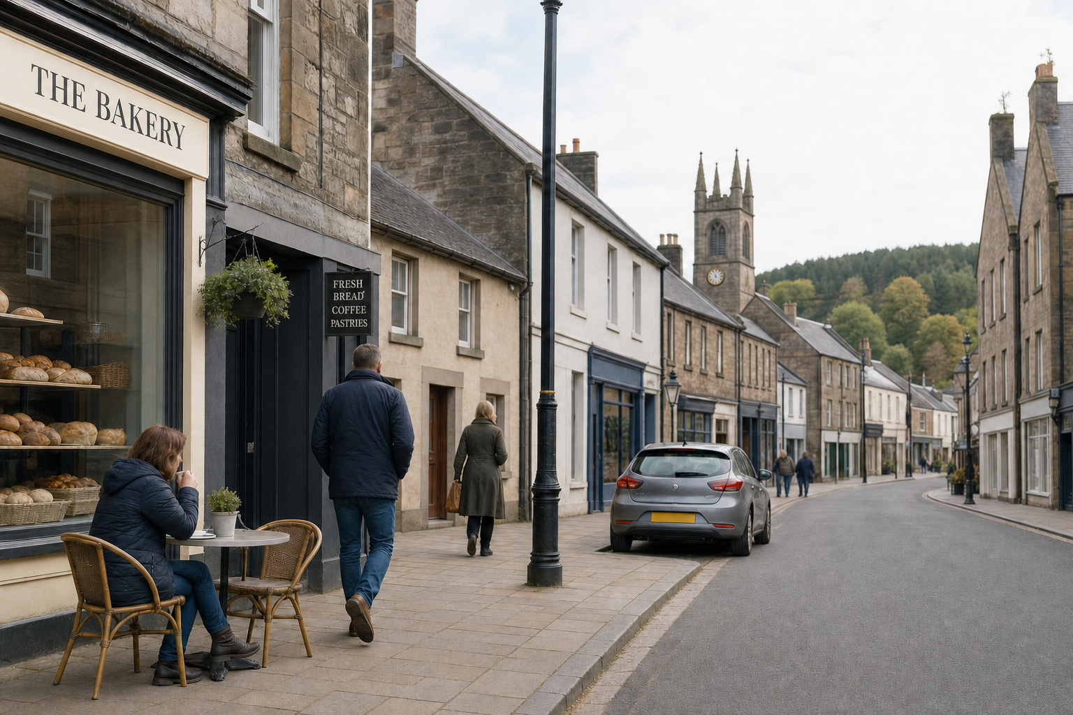 A person sips coffee outside a bakery on a quaint village street with stone buildings and a distant church.