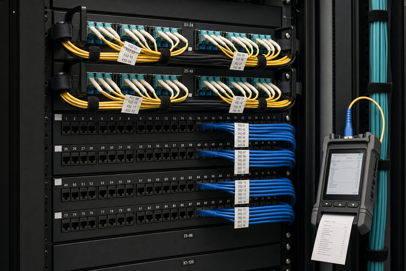 Server rack with labelled cables and a network testing device displaying results.