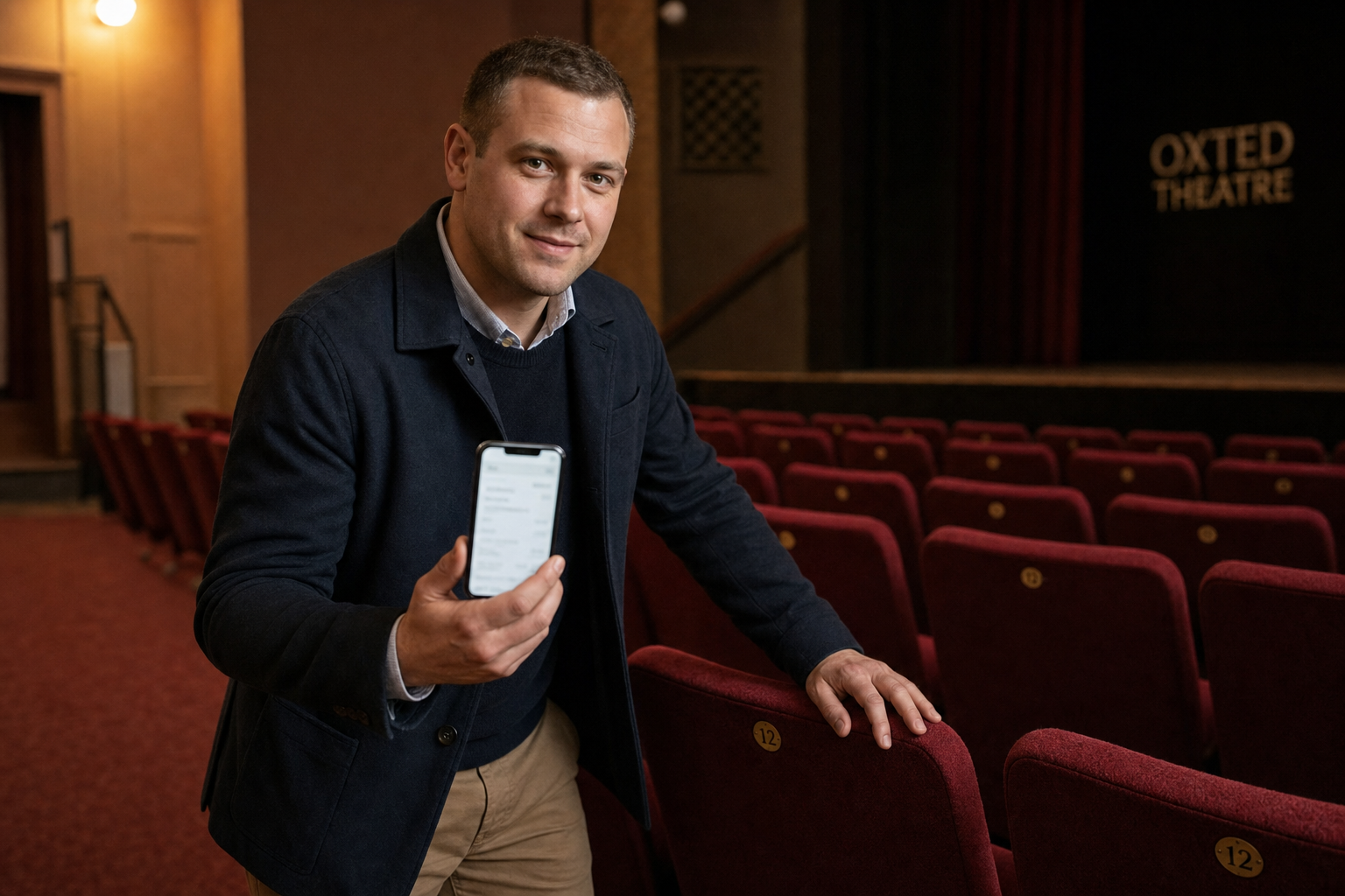 A man in a theatre holding a smartphone displaying a list, standing near red velvet seats.