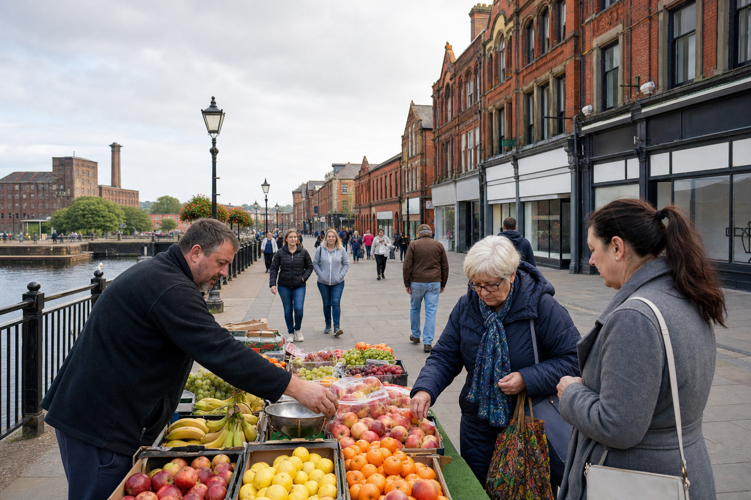 A vendor sells fresh fruit at a riverside market while people stroll along the pavement.