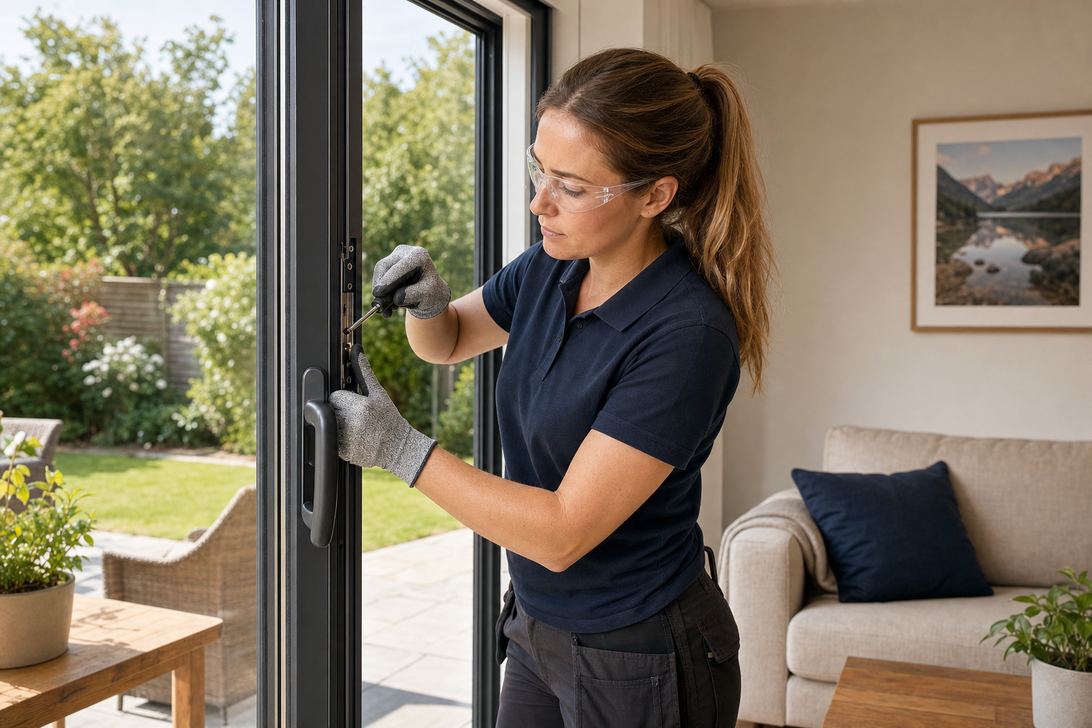 A woman wearing safety glasses adjusts a patio door lock with a screwdriver, in a bright living room facing a garden.